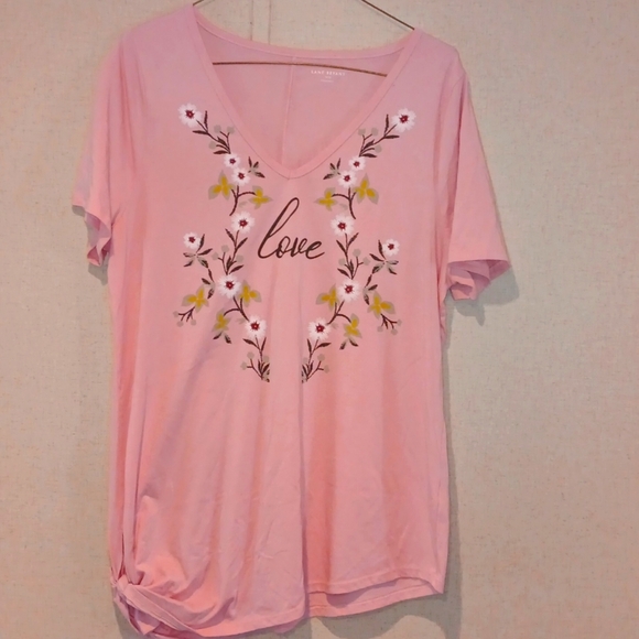 Lane Bryant Women 14/16 Pink V-Neck T-shirt White & Green Floral Cotton Blend - Picture 1 of 4